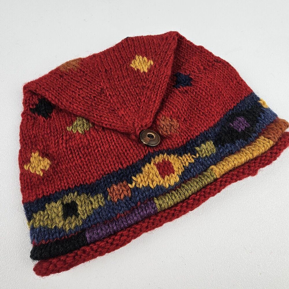 Hand Knit Wool Beanie Hat Red Multicolor Fair Isle Pattern Fleece Lined Boho